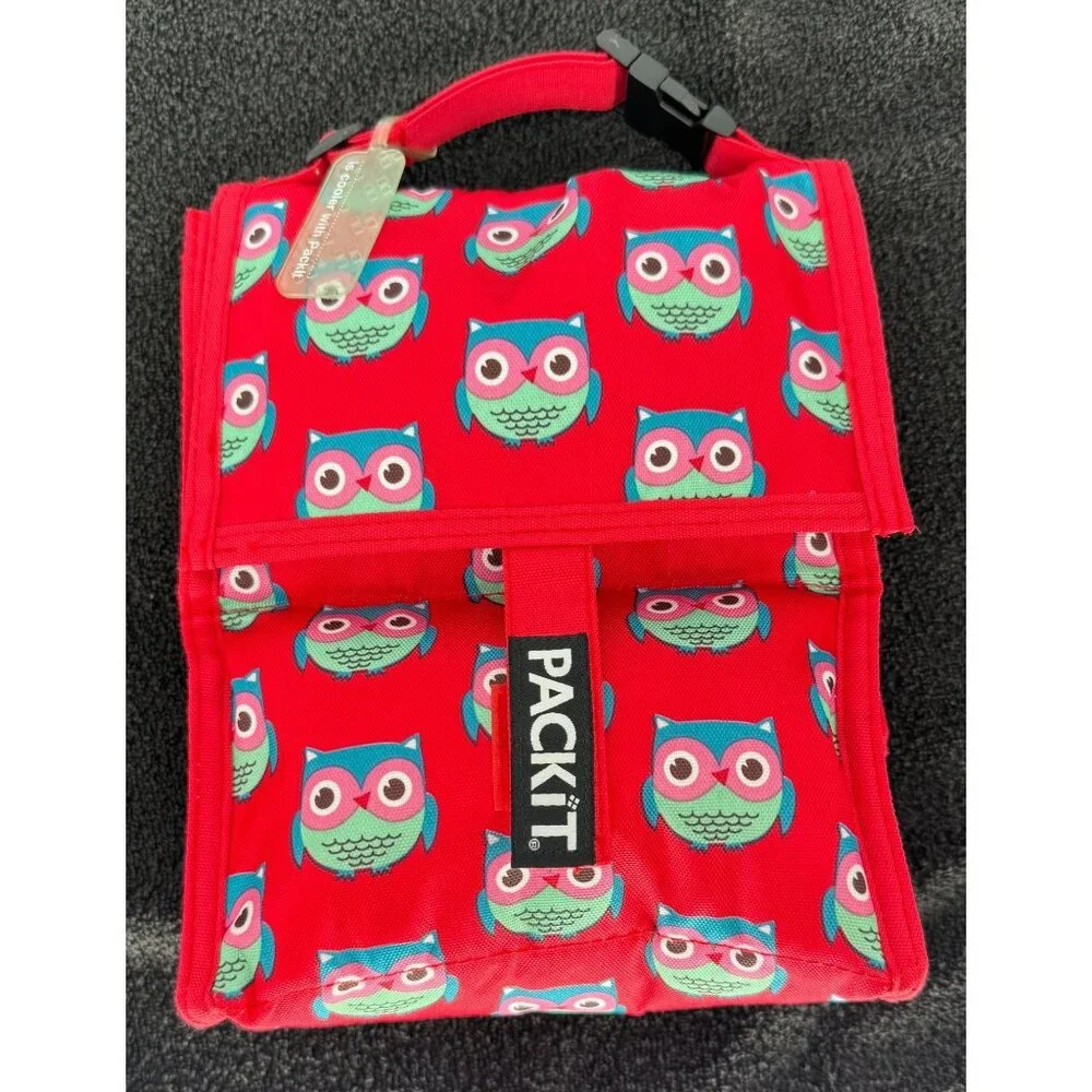 PackIt Freezable Lunch Bag With Fun Owl Print Red Color Insulated & Foldable Des